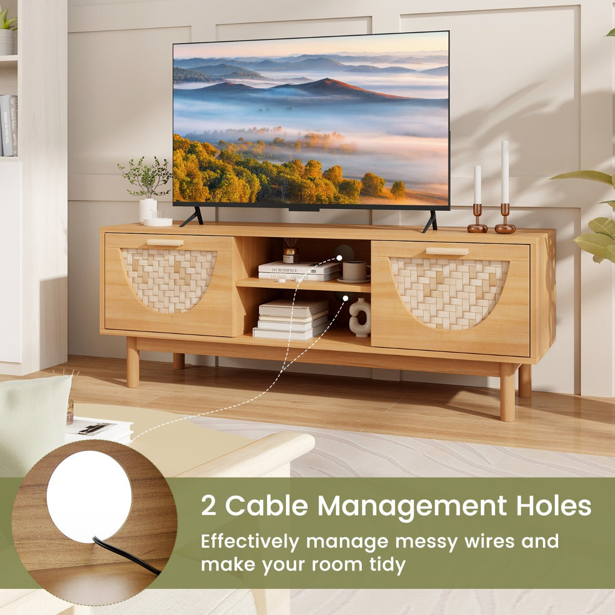 LIVSK Mediakast voor TV's tot 55 Inch - Bamboe Lades - Open Planken - Kabelbeheer - Stabiele Houten Poten - Natuurlijke