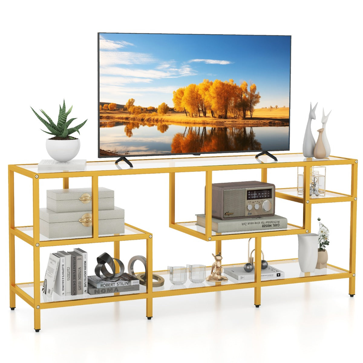 LIVSK TV-consoletafel voor TV's tot 65 inch - Ruim blad en 4 planken - Stevig metalen frame - Breukbestendig glas - Zwart