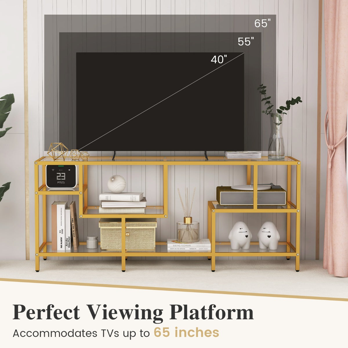 LIVSK TV-consoletafel voor TV's tot 65 inch - Ruim blad en 4 planken - Stevig metalen frame - Breukbestendig glas - Zwart