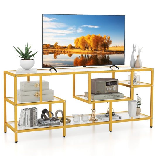 LIVSK TV-consoletafel voor TV's tot 65 inch - Ruim blad en 4 planken - Stevig metalen frame - Breukbestendig glas - Zwart