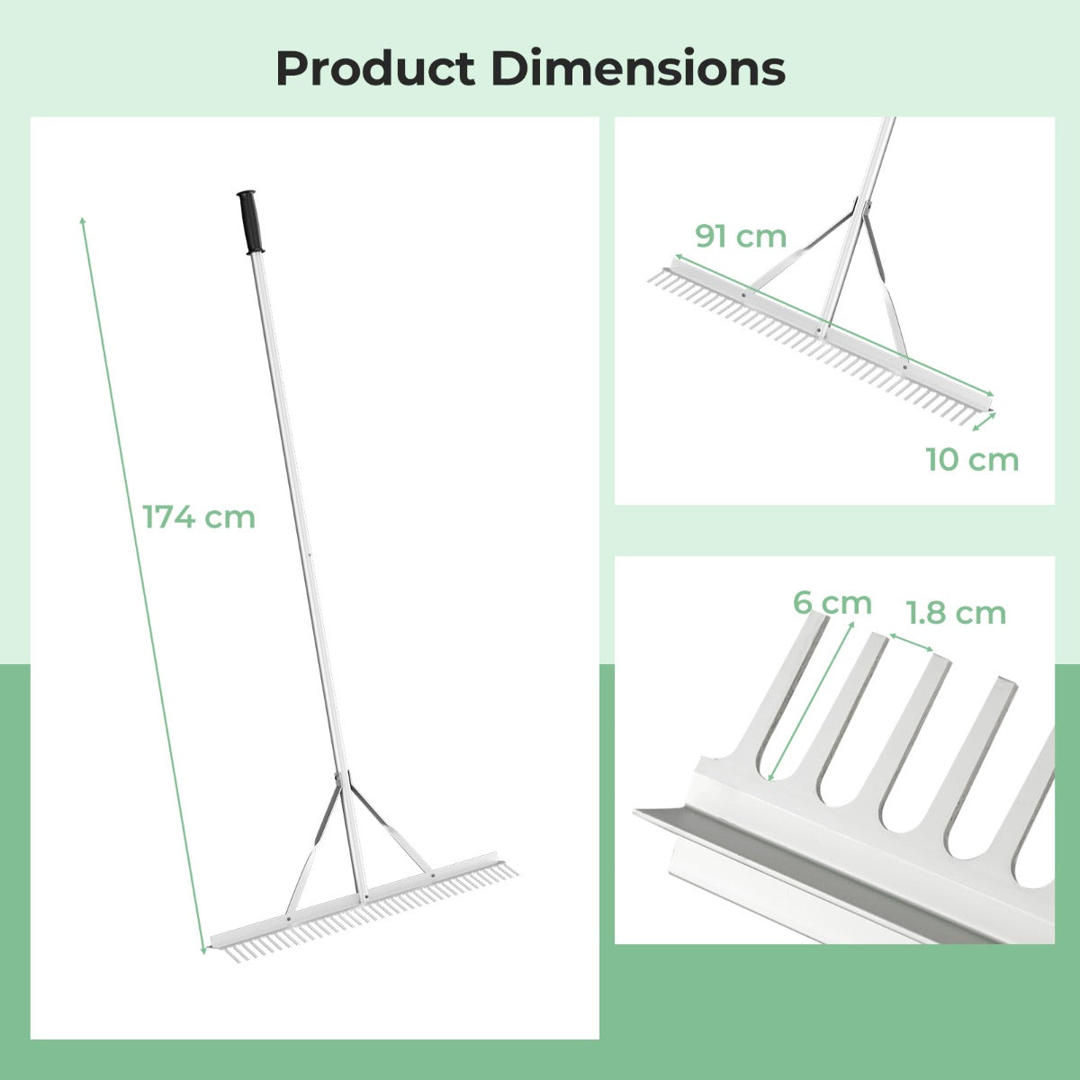 Livsk costway twee aluminium tuinharken 91 cm brede kop landschapshark met 174 cm lange steel en 36 tanden tuingereedschap 2