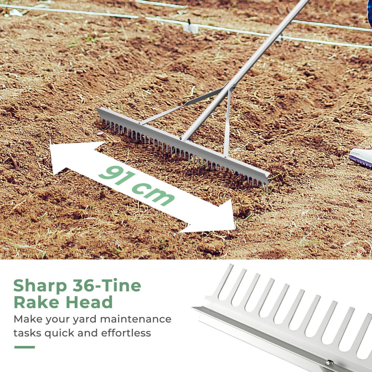 Livsk costway twee aluminium tuinharken 91 cm brede kop landschapshark met 174 cm lange steel en 36 tanden tuingereedschap 3
