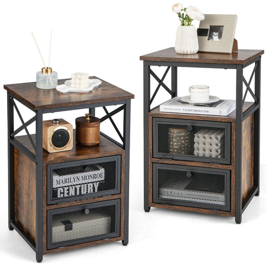 LIVSK Bijzettafel met 3 Niveaus - Metalen Frame - 2 Uitklapbare Lades - Open Opbergvak - Ruimtebesparend - 40 x 35 x 61 cm - Bruin
