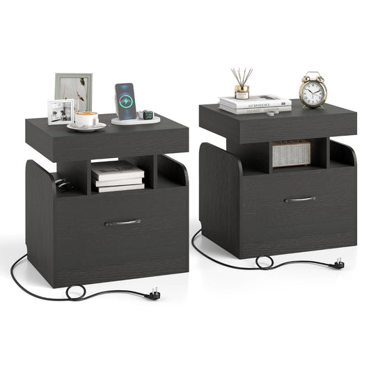 Livsk costway twee nachtkastjes met oplaadstation twee nachtkastjes met lade en uitschuifbaar bovenblad moderne bijzettafels zwart