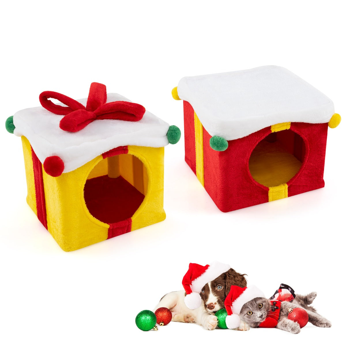 LIVSK Kerstkattenhuis - Geschenkdoosvormig - Stapelbaar - Pluche Bekleding - Voor 2 katten - Rood + Geel