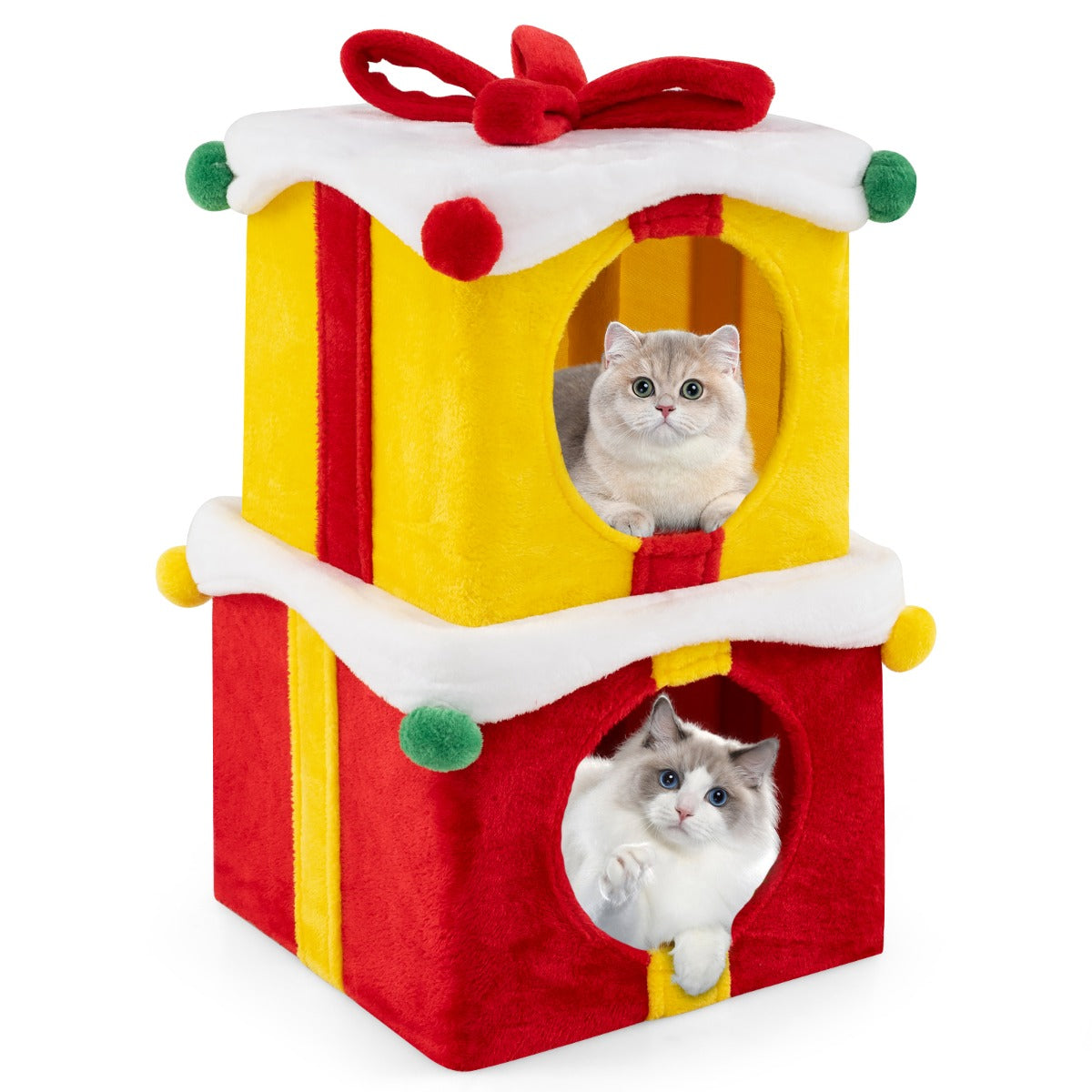 LIVSK Kerstkattenhuis - Geschenkdoosvormig - Stapelbaar - Pluche Bekleding - Voor 2 katten - Rood + Geel