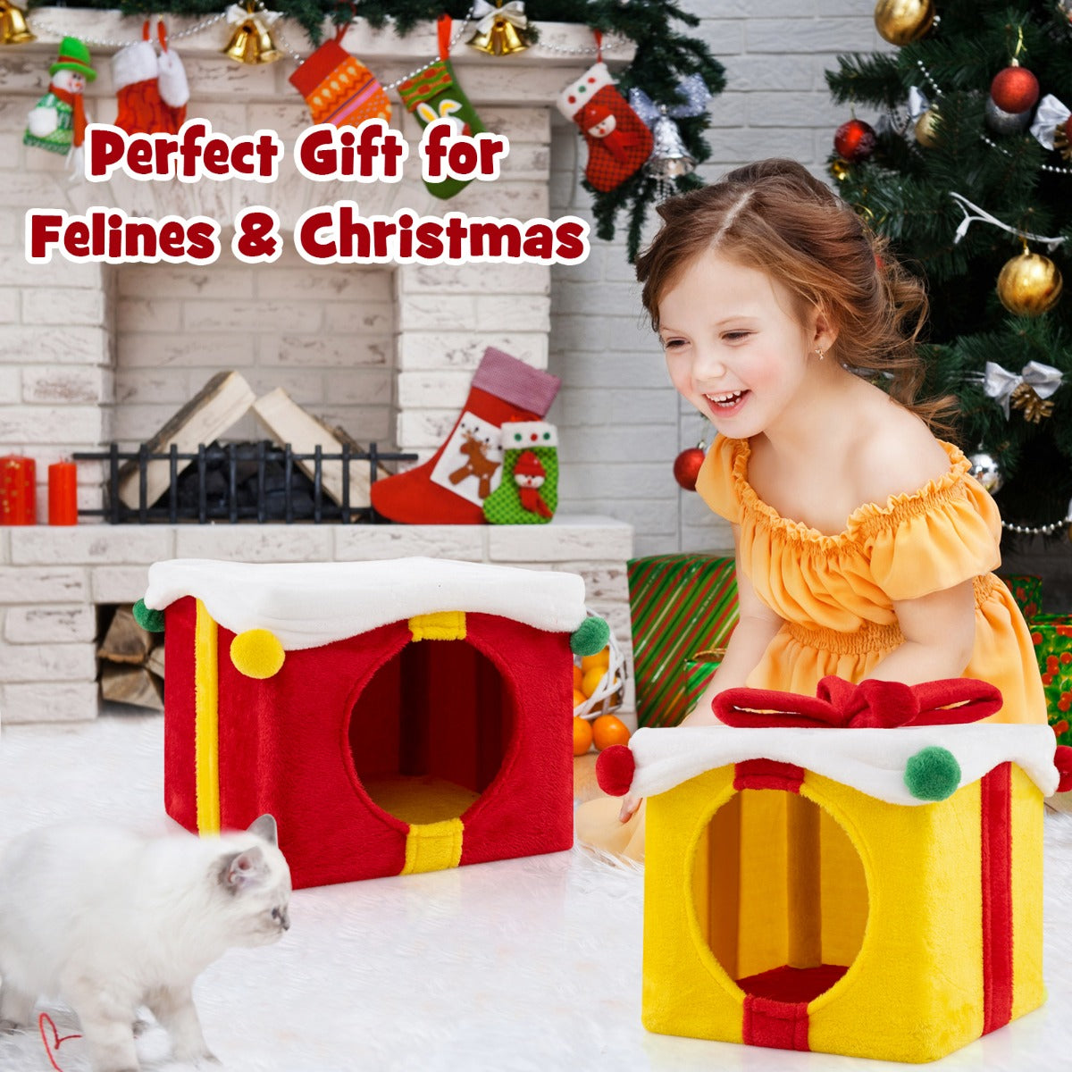 LIVSK Kerstkattenhuis - Geschenkdoosvormig - Stapelbaar - Pluche Bekleding - Voor 2 katten - Rood + Geel