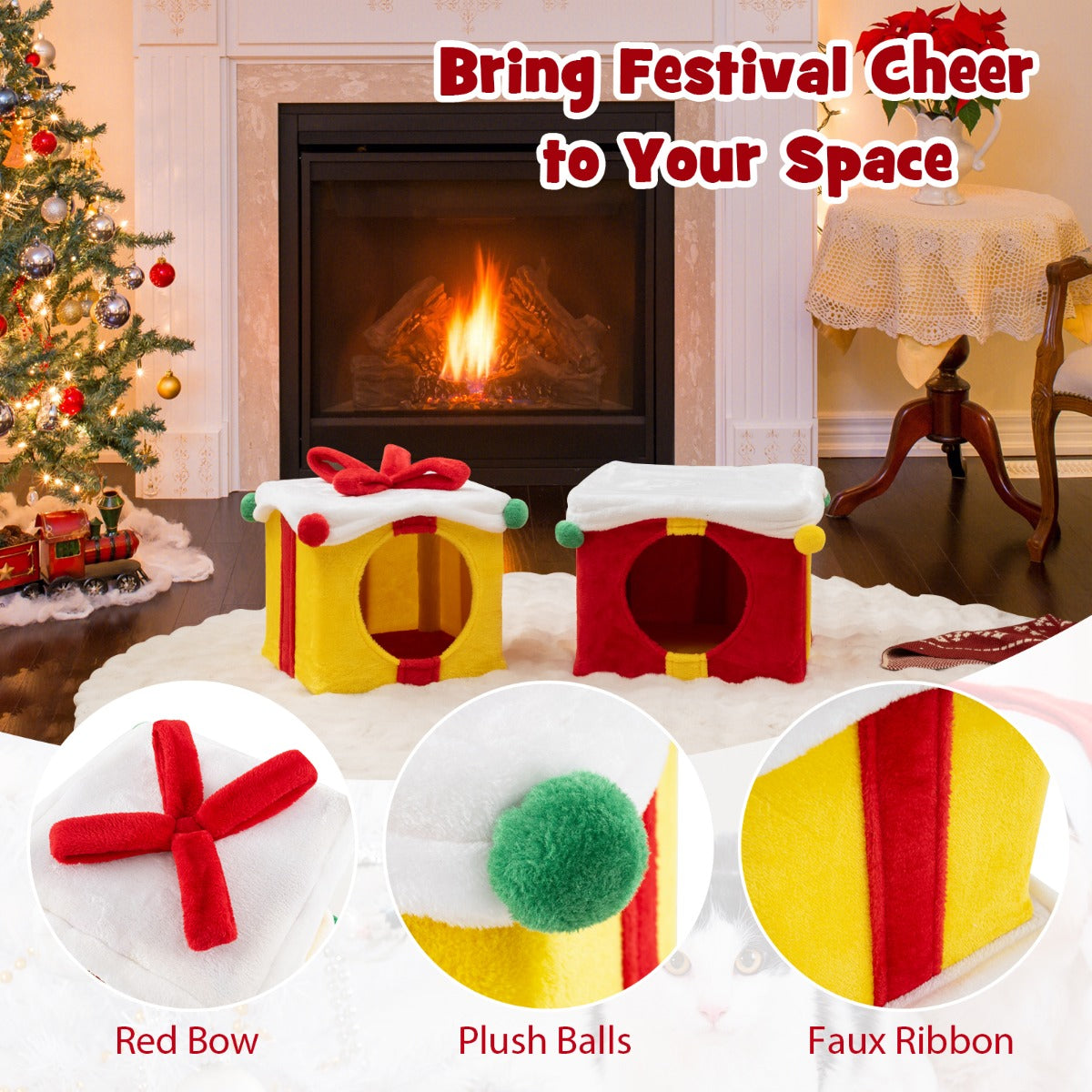 LIVSK Kerstkattenhuis - Geschenkdoosvormig - Stapelbaar - Pluche Bekleding - Voor 2 katten - Rood + Geel