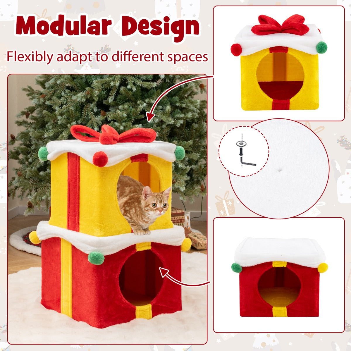LIVSK Kerstkattenhuis - Geschenkdoosvormig - Stapelbaar - Pluche Bekleding - Voor 2 katten - Rood + Geel