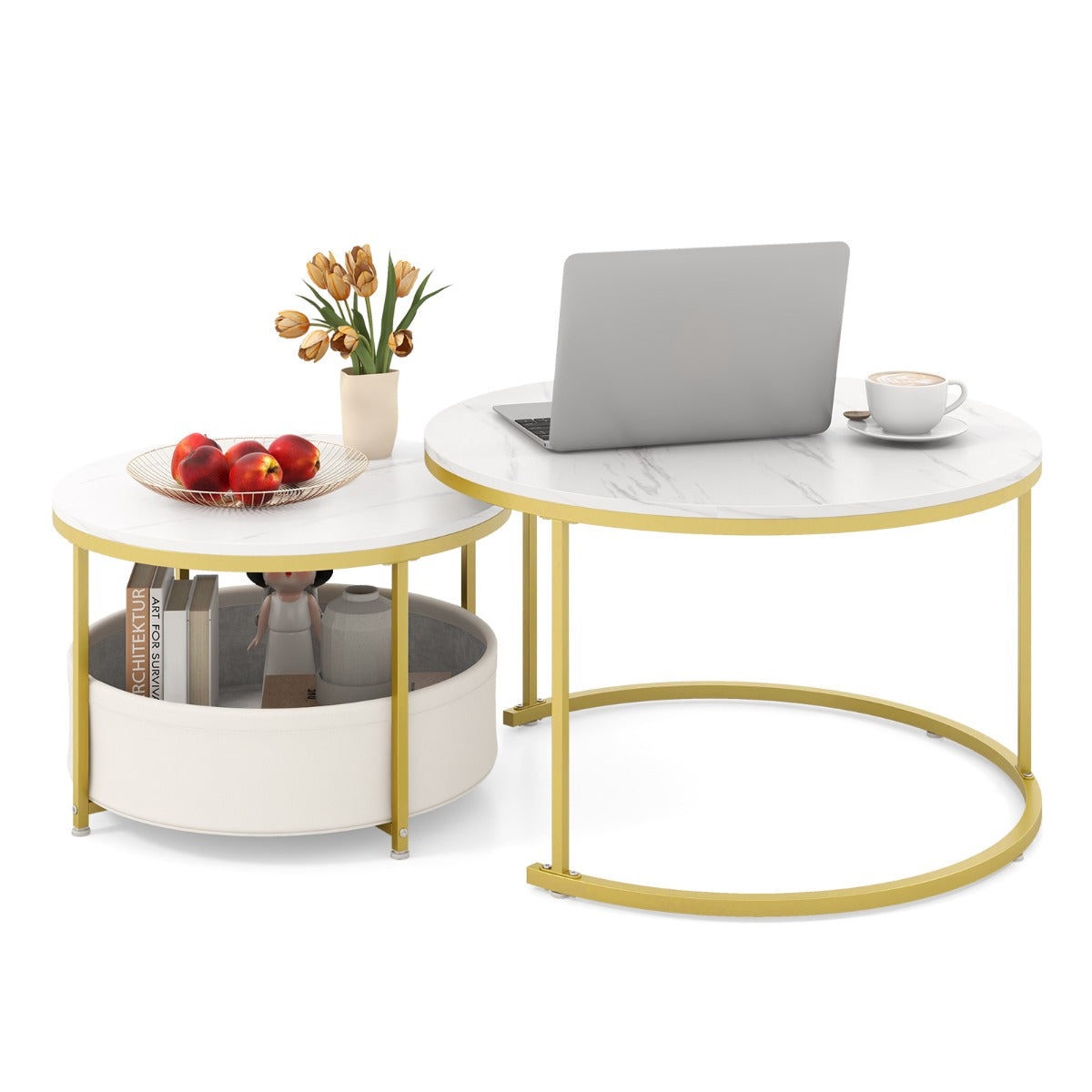 Livsk costway tweedelige salontafelset nestbare salontafels met geweven stoffen manden wit goud