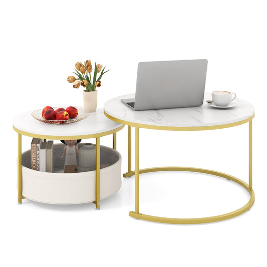 Livsk costway tweedelige salontafelset nestbare salontafels met geweven stoffen manden wit goud