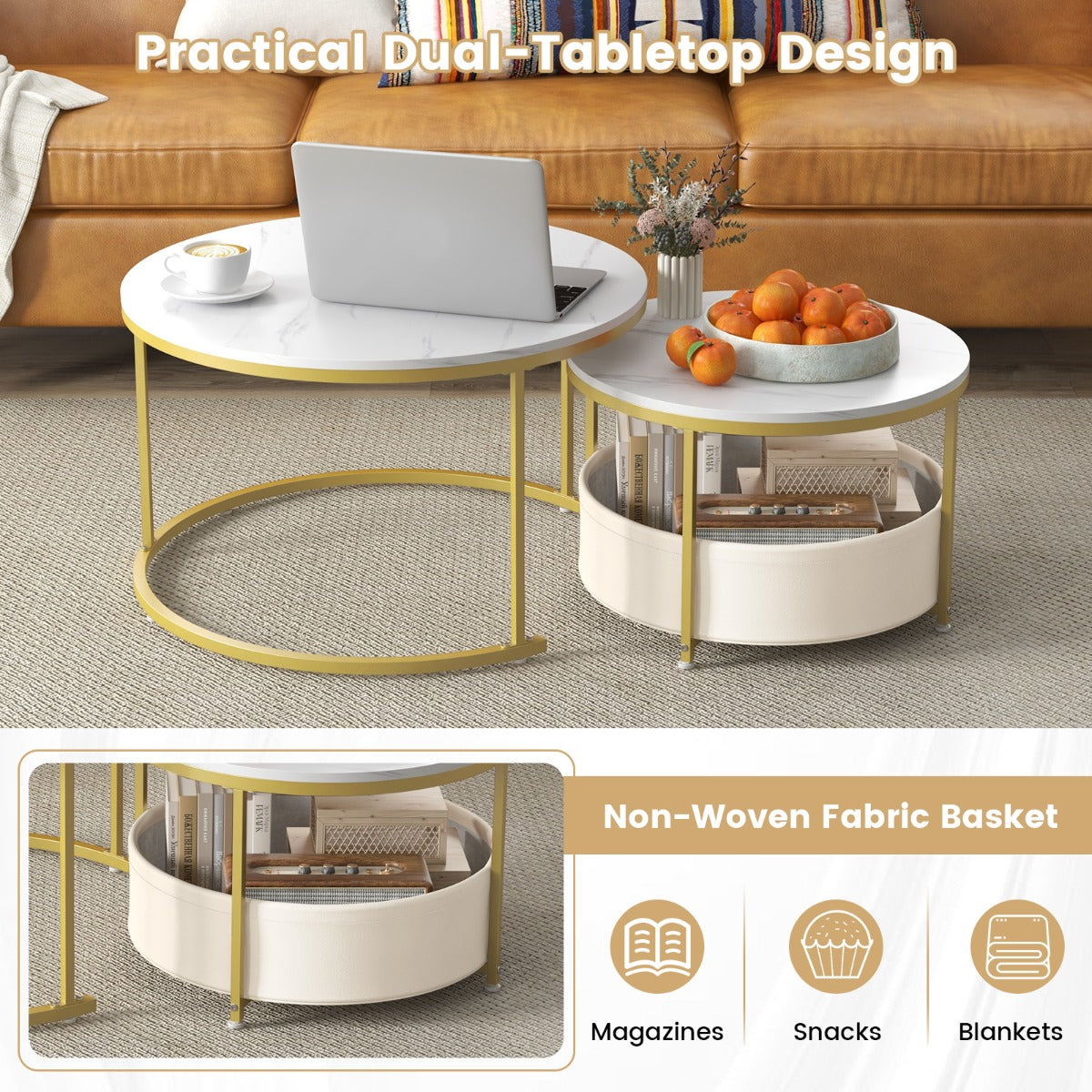 Livsk costway tweedelige salontafelset nestbare salontafels met geweven stoffen manden wit goud 3
