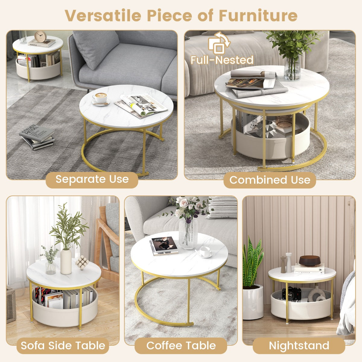 Livsk costway tweedelige salontafelset nestbare salontafels met geweven stoffen manden wit goud 5