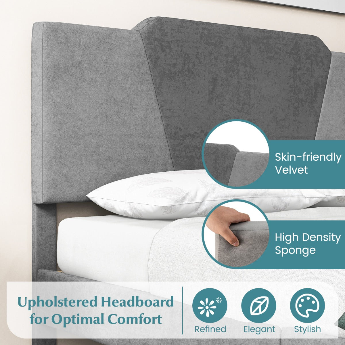 LIVSK Gewatteerd Bedframe met Fluwelen Hoofdeinde - Robuust Metaal met Houten Latten - Tot 500 kg - Onderste Opbergruimte - Grijs