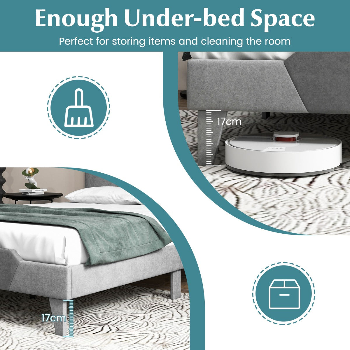 LIVSK Gewatteerd Bedframe met Fluwelen Hoofdeinde - Robuust Metaal met Houten Latten - Tot 500 kg - Onderste Opbergruimte - Grijs
