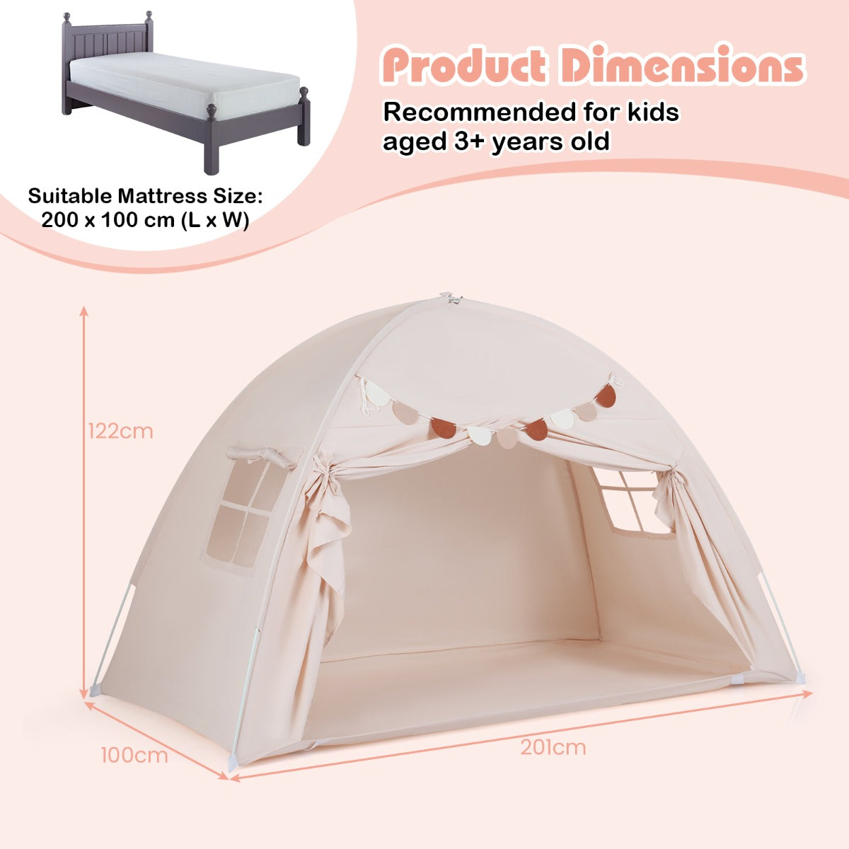 Livsk costway tweepersoons tent voor kinderen opvouwbare en draagbare baldakijntent voor stapelbed met 2 ramen en vlaggen beige 1 1