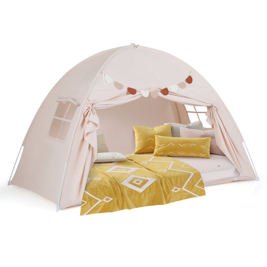 Livsk costway tweepersoons tent voor kinderen opvouwbare en draagbare baldakijntent voor stapelbed met 2 ramen en vlaggen beige