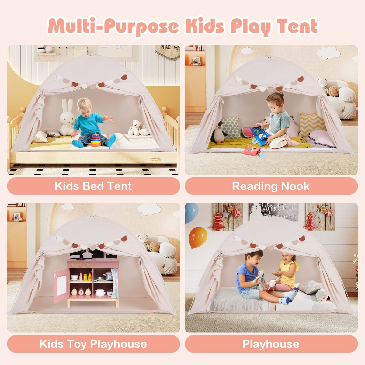 Livsk costway tweepersoons tent voor kinderen opvouwbare en draagbare baldakijntent voor stapelbed met 2 ramen en vlaggen beige 4