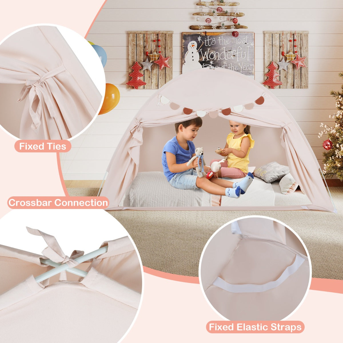 Livsk costway tweepersoons tent voor kinderen opvouwbare en draagbare baldakijntent voor stapelbed met 2 ramen en vlaggen beige 5