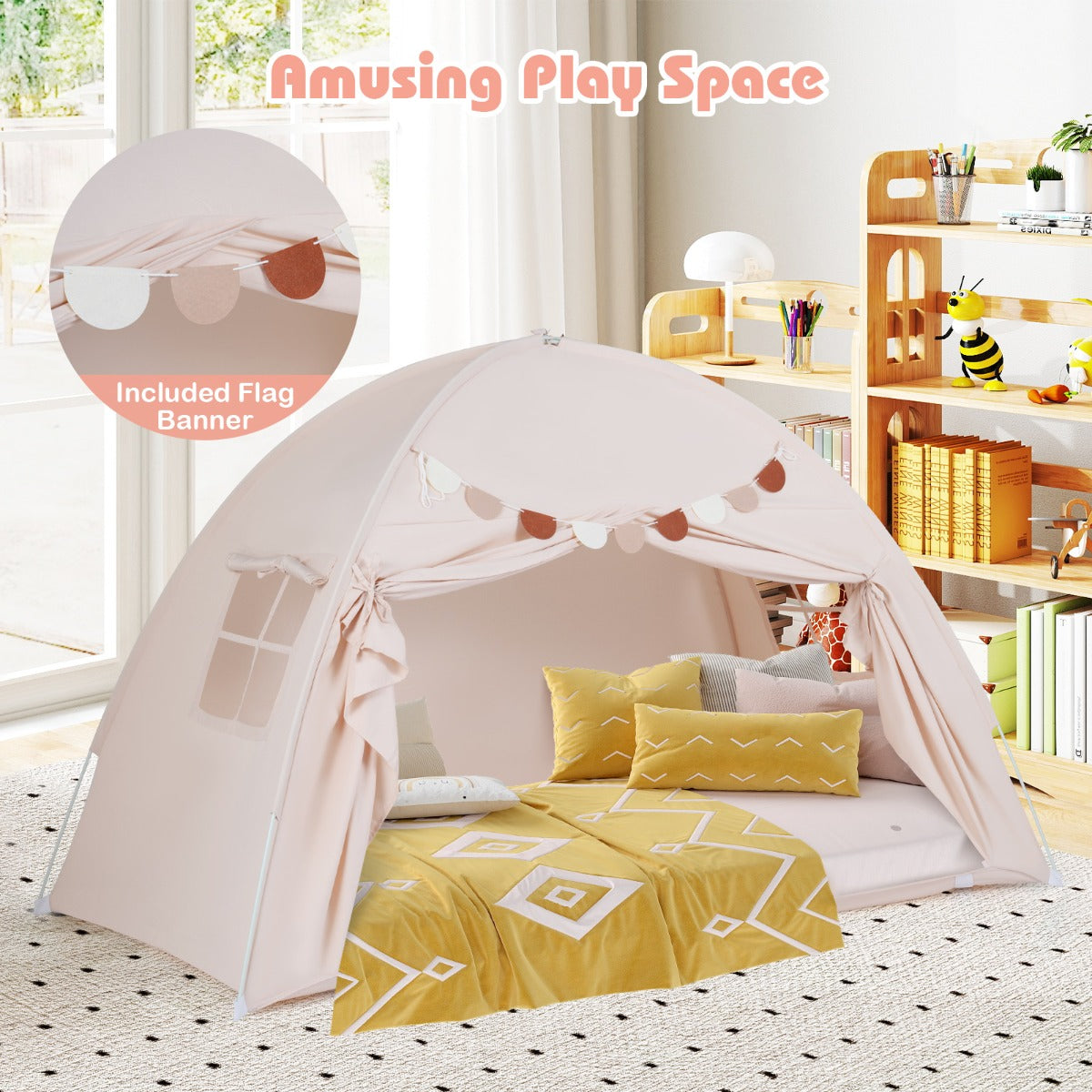 Livsk costway tweepersoons tent voor kinderen opvouwbare en draagbare baldakijntent voor stapelbed met 2 ramen en vlaggen beige 6