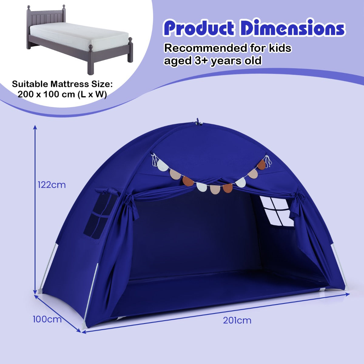 Livsk costway tweepersoons tent voor kinderen opvouwbare en draagbare baldakijntent voor stapelbed met 2 ramen en vlaggen marineblauw 1 1