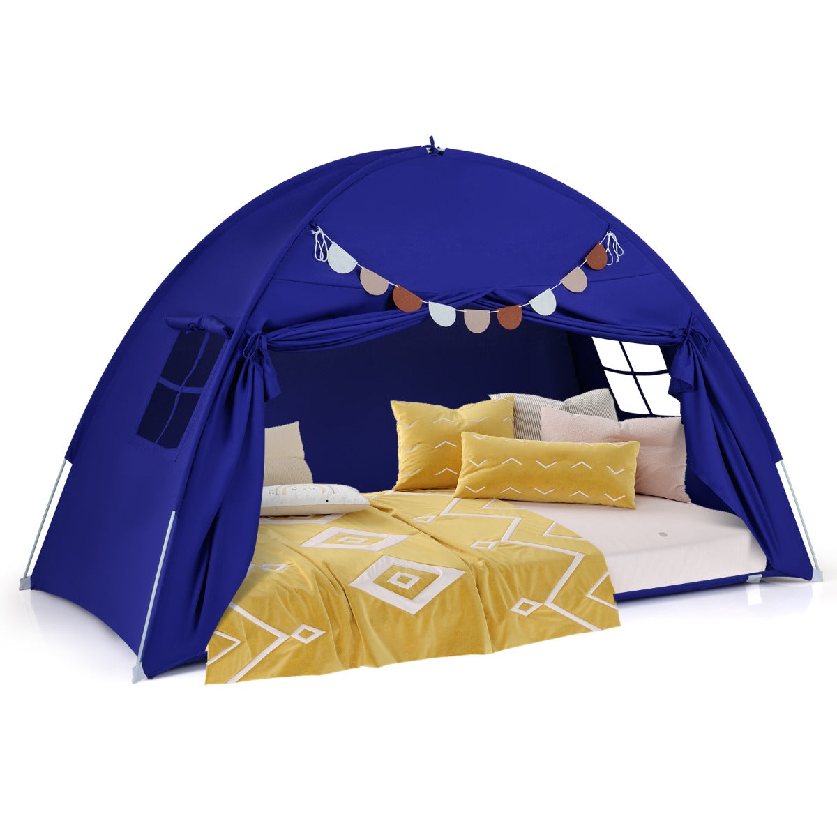 Livsk costway tweepersoons tent voor kinderen opvouwbare en draagbare baldakijntent voor stapelbed met 2 ramen en vlaggen marineblauw