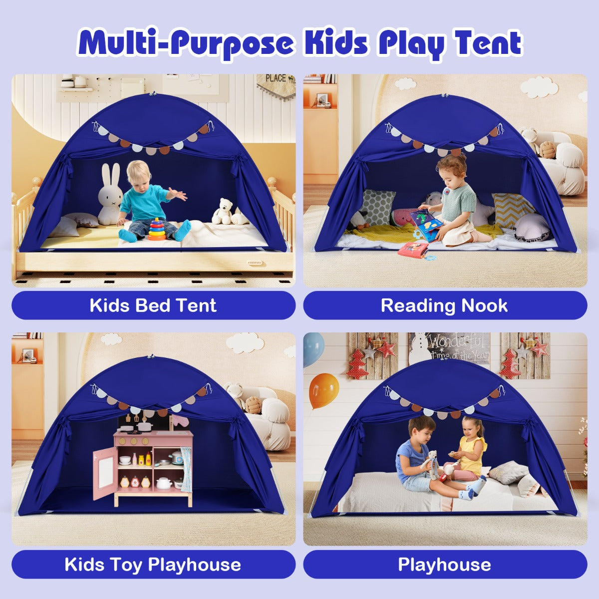 Livsk costway tweepersoons tent voor kinderen opvouwbare en draagbare baldakijntent voor stapelbed met 2 ramen en vlaggen marineblauw 4