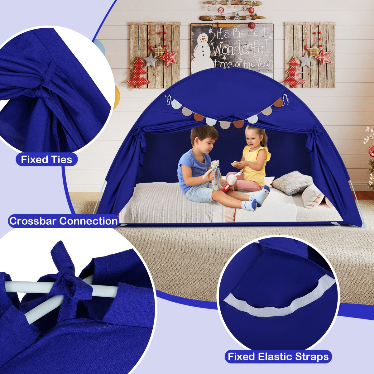 Livsk costway tweepersoons tent voor kinderen opvouwbare en draagbare baldakijntent voor stapelbed met 2 ramen en vlaggen marineblauw 5