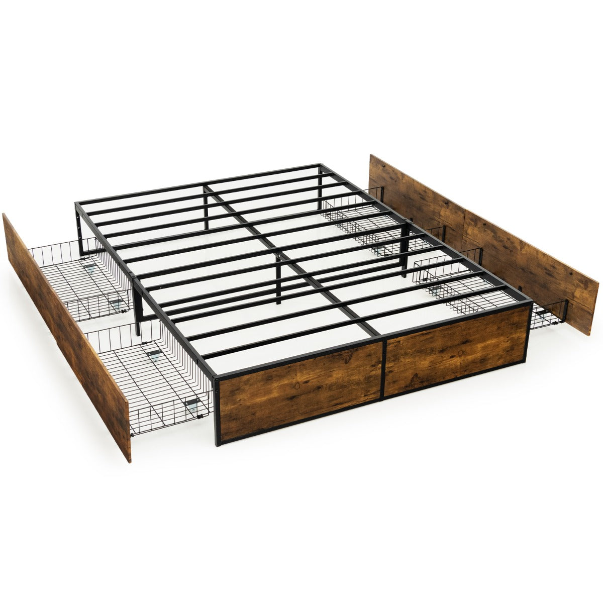 LIVSK Metalen Bedframe met 4 Laden - Stevig en Geluidsdempend - Voor Eigen Hoofdbord - Tot 300 kg - Rustiek Bruin