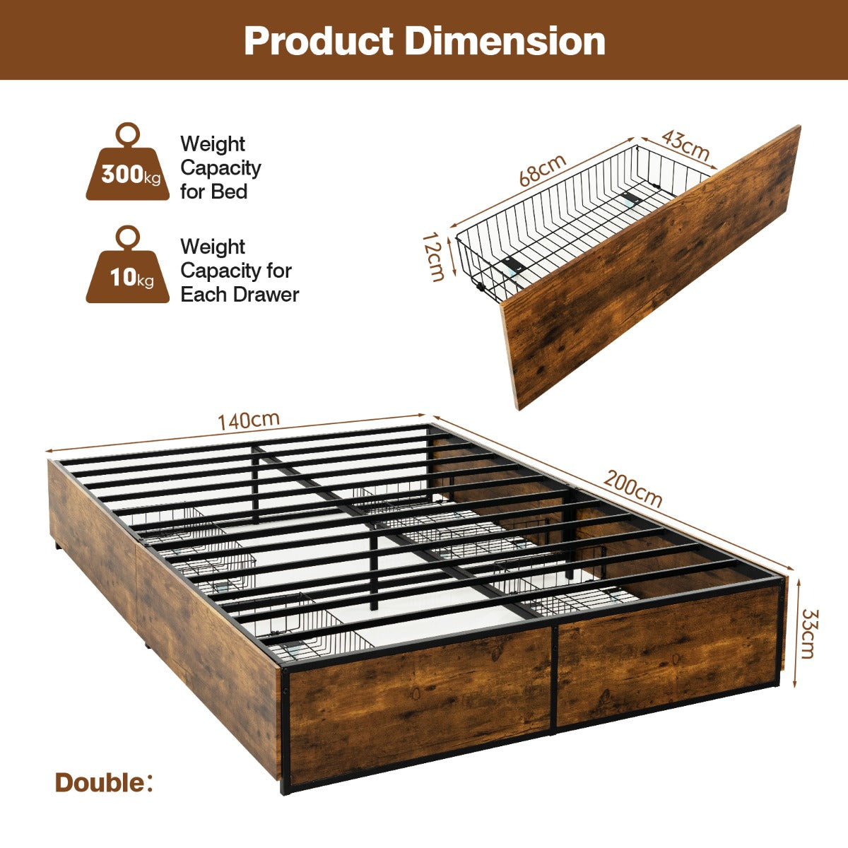 LIVSK Metalen Bedframe met 4 Laden - Stevig en Geluidsdempend - Voor Eigen Hoofdbord - Tot 300 kg - Rustiek Bruin