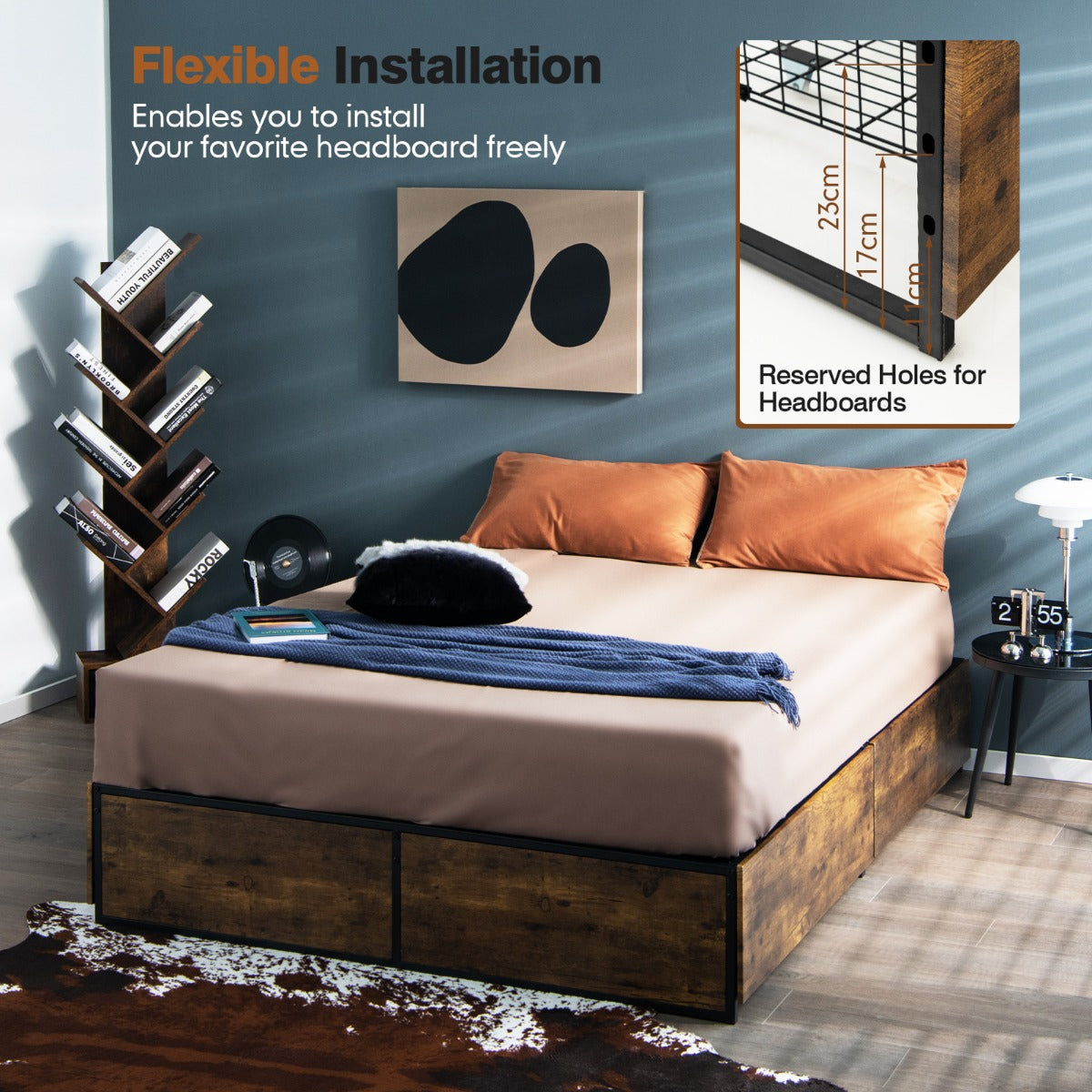LIVSK Metalen Bedframe met 4 Laden - Stevig en Geluidsdempend - Voor Eigen Hoofdbord - Tot 300 kg - Rustiek Bruin