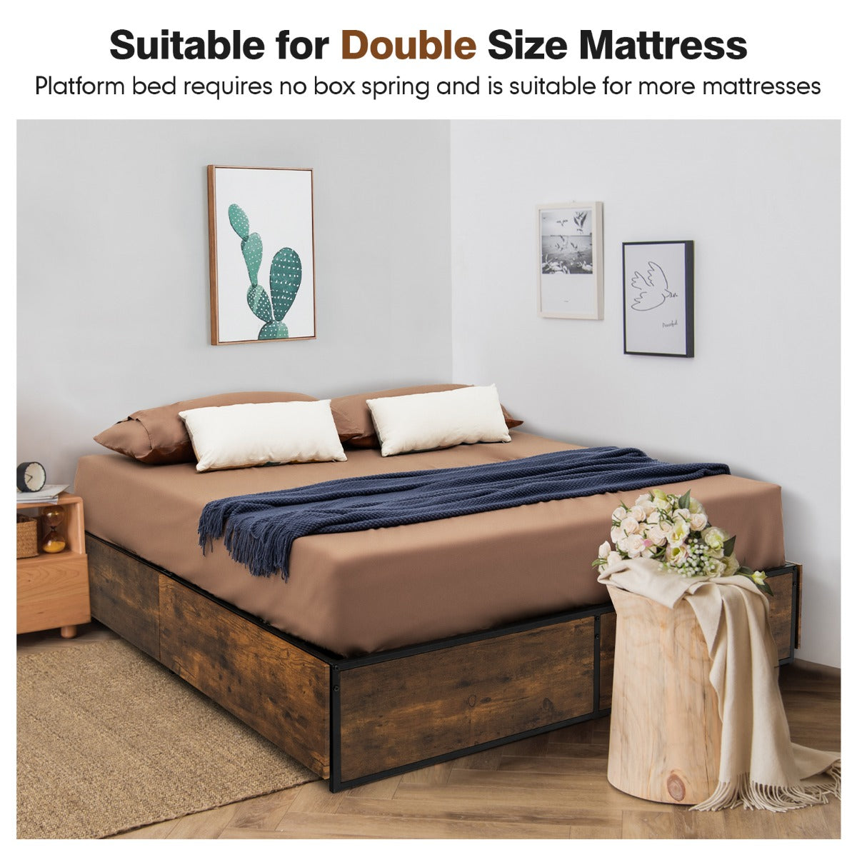 LIVSK Metalen Bedframe met 4 Laden - Stevig en Geluidsdempend - Voor Eigen Hoofdbord - Tot 300 kg - Rustiek Bruin