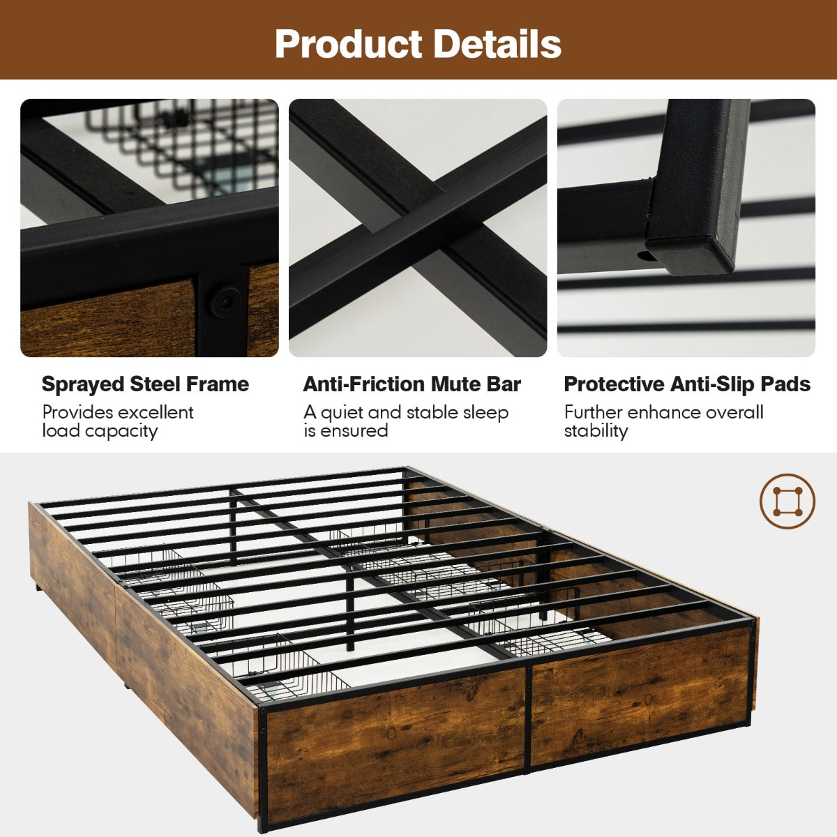 LIVSK Metalen Bedframe met 4 Laden - Stevig en Geluidsdempend - Voor Eigen Hoofdbord - Tot 300 kg - Rustiek Bruin