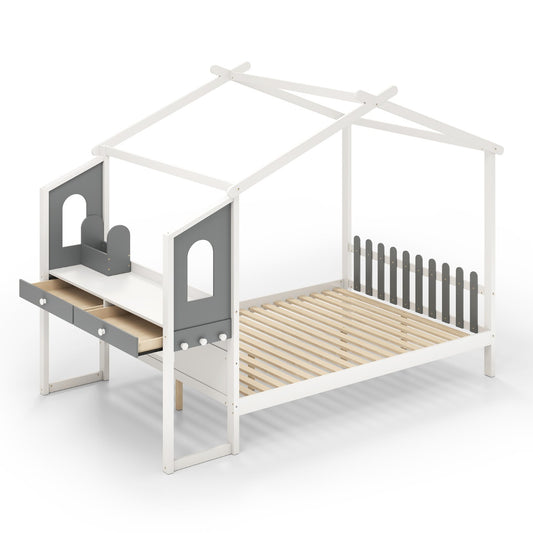 LIVSK Huisvormig Bedframe met Bureau - Hekvormig Hoofdeinde - Massief Hout - Tot 320 kg - 200 x 140 cm - Wit + Grijs