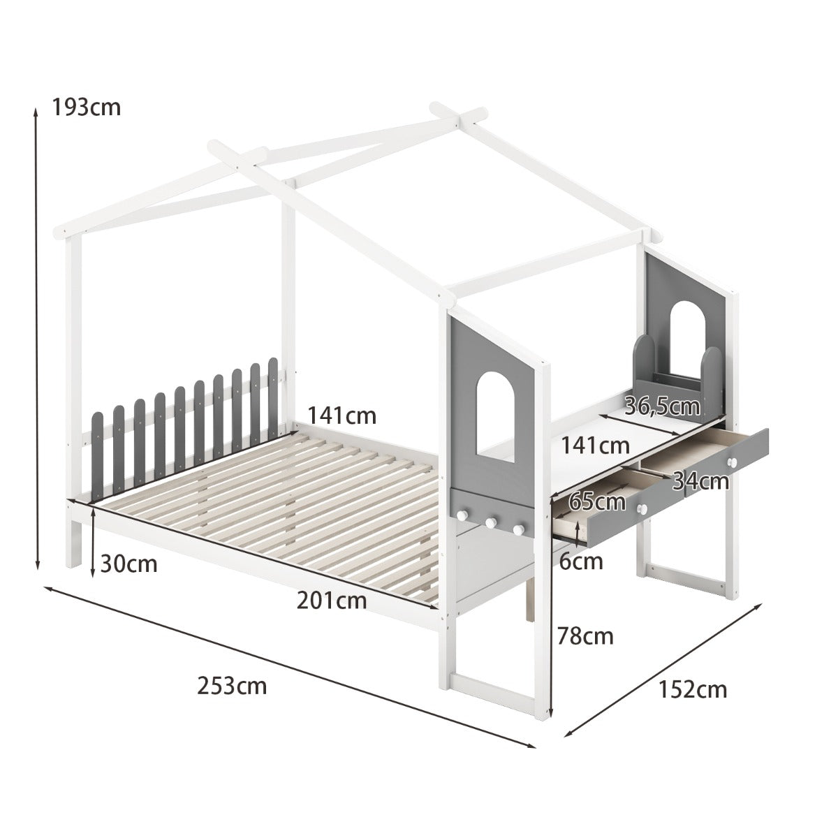 LIVSK Huisvormig Bedframe met Bureau - Hekvormig Hoofdeinde - Massief Hout - Tot 320 kg - 200 x 140 cm - Wit + Grijs