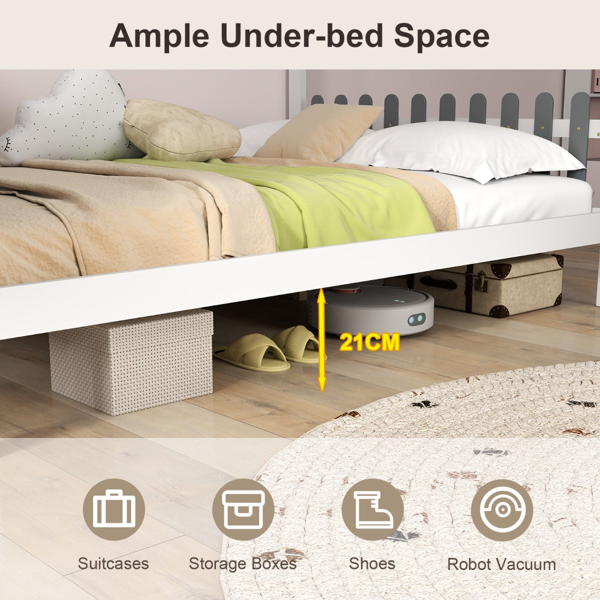 LIVSK Huisvormig Bedframe met Bureau - Hekvormig Hoofdeinde - Massief Hout - Tot 320 kg - 200 x 140 cm - Wit + Grijs