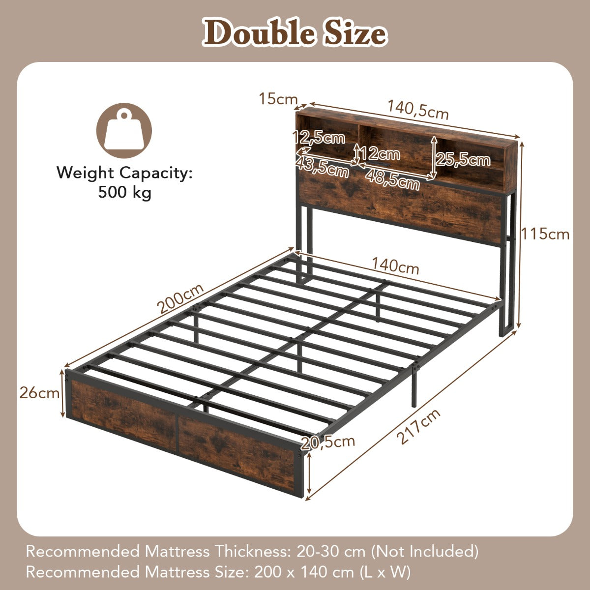 LIVSK Tweepersoonsbedframe met Oplaadstation - Stevig Metaal - Hoofdbord met Opbergruimte - Tot 500 kg - Rustiek bruin