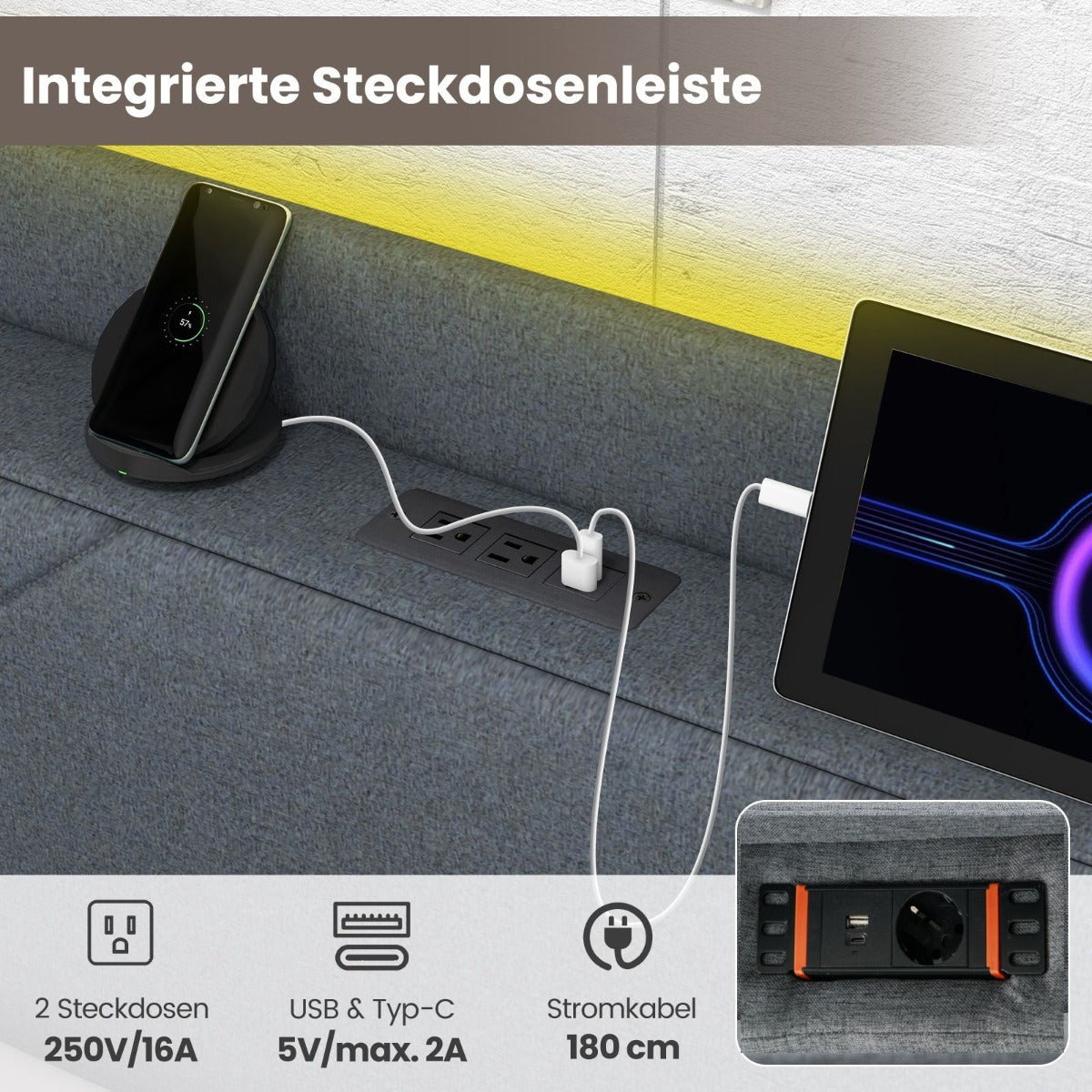 LIVSK LED-bedframe met Vleugelhoofdbord - 60.000 Kleuren Ambientverlichting - Oplaadstation en 4 Lades - Grijs