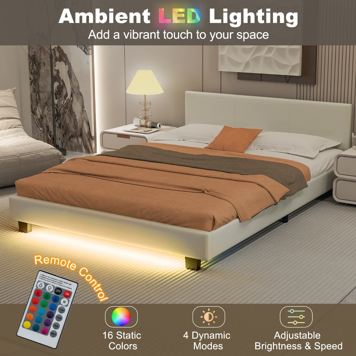 LIVSK Tweepersoonsbedframe met LED-verlichting - PU-leer - Multiplex Lattenbodem - 300 kg Draagvermogen - Wit