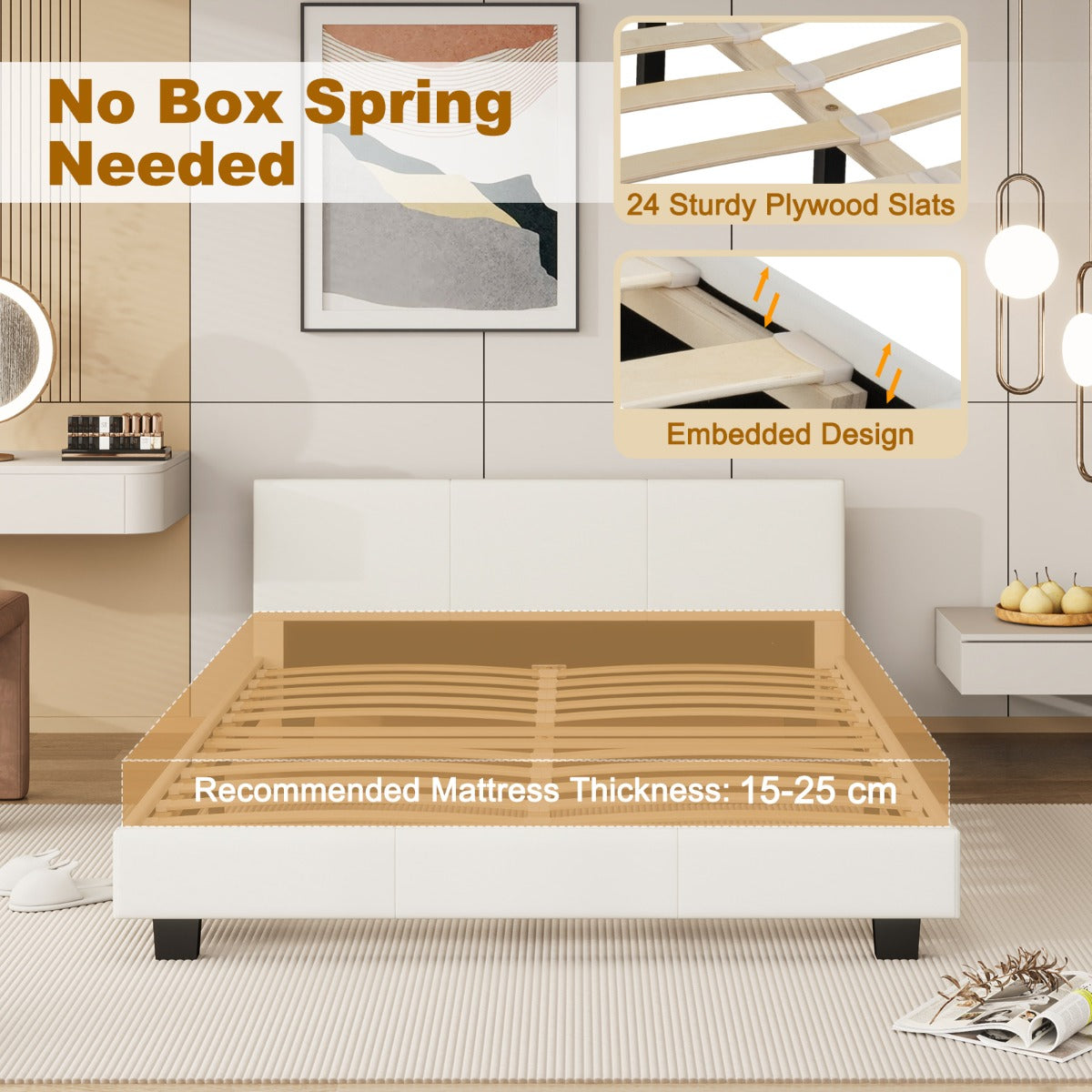 LIVSK Tweepersoonsbedframe met LED-verlichting - PU-leer - Multiplex Lattenbodem - 300 kg Draagvermogen - Wit