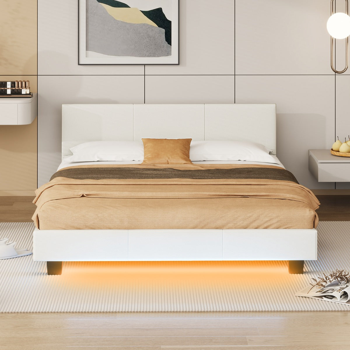LIVSK Tweepersoonsbedframe met LED-verlichting - PU-leer - Multiplex Lattenbodem - 300 kg Draagvermogen - Wit