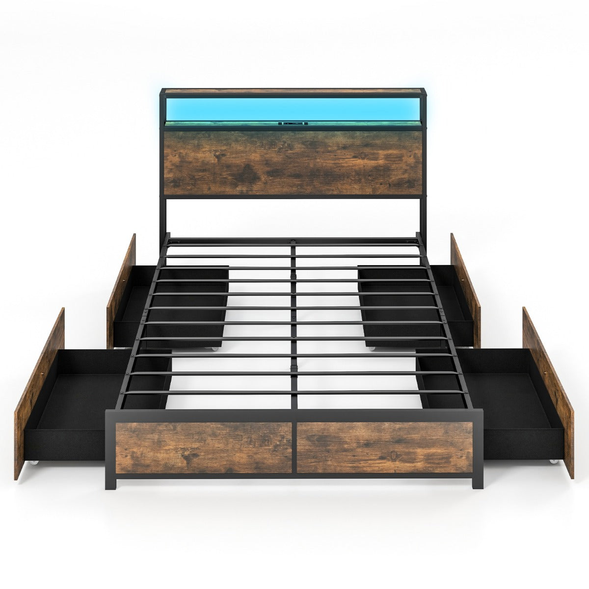 LIVSK LED Tweepersoonsbedframe met Lades - Robuust Metalen Frame - Hoofdeinde met Oplaadstation - Tot 300 kg - Bruin