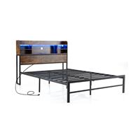 Livsk costway tweepersoonsbedframe met ledverlichting en oplaadstation metalen platformbed met opbergplanken