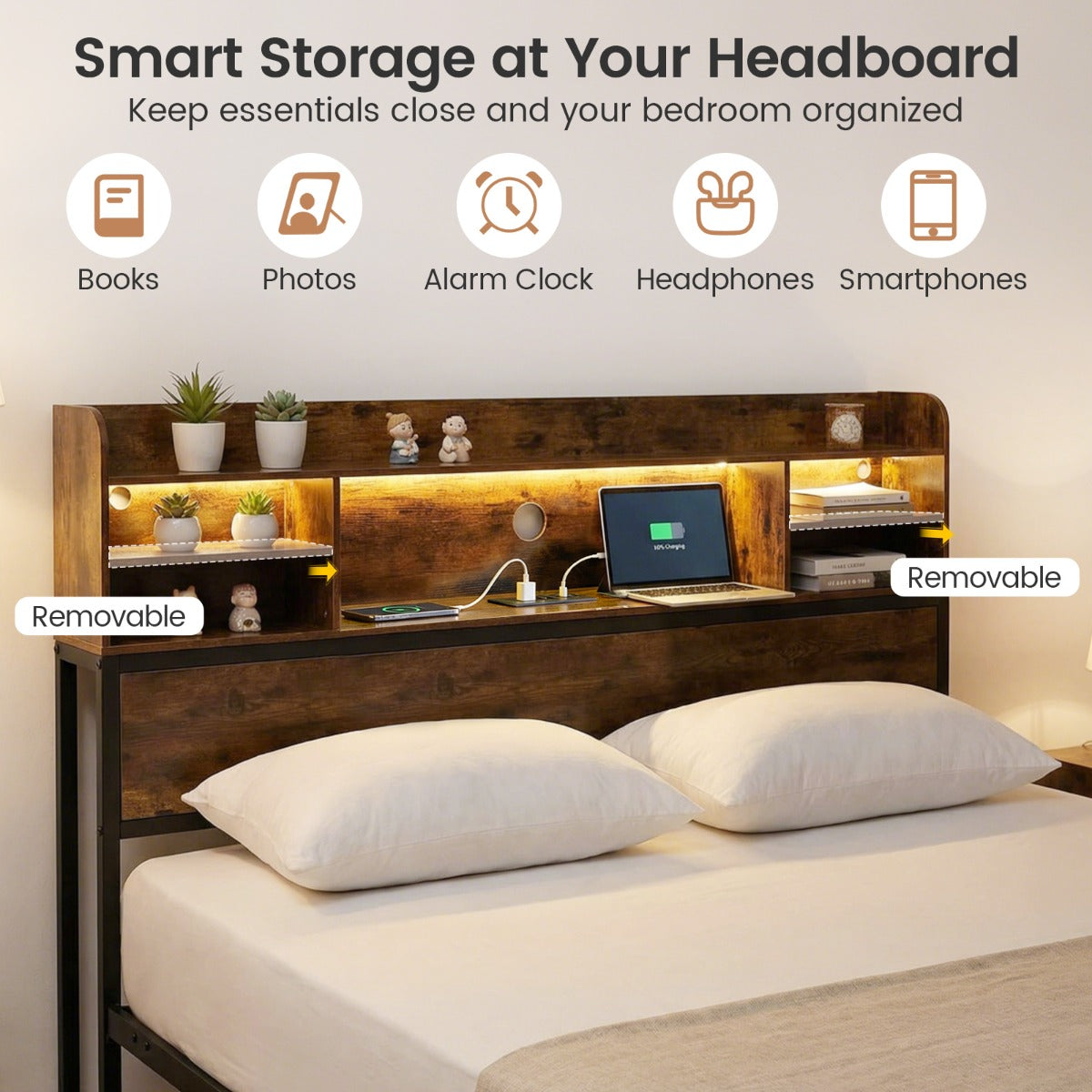 Livsk costway tweepersoonsbedframe met ledverlichting en oplaadstation metalen platformbed met opbergplanken 2