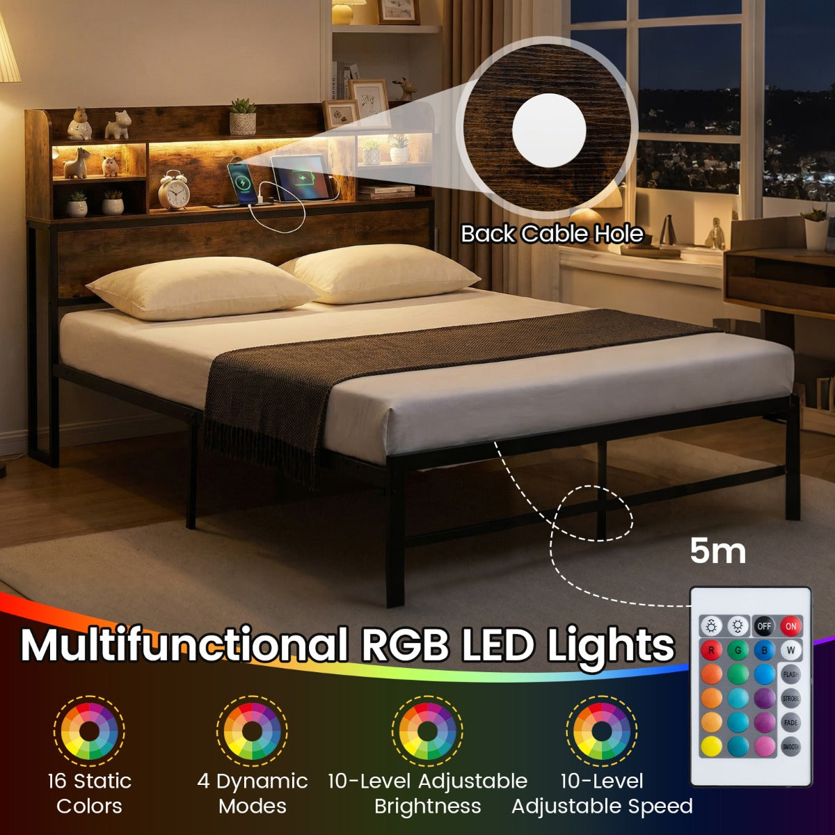 Livsk costway tweepersoonsbedframe met ledverlichting en oplaadstation metalen platformbed met opbergplanken 3