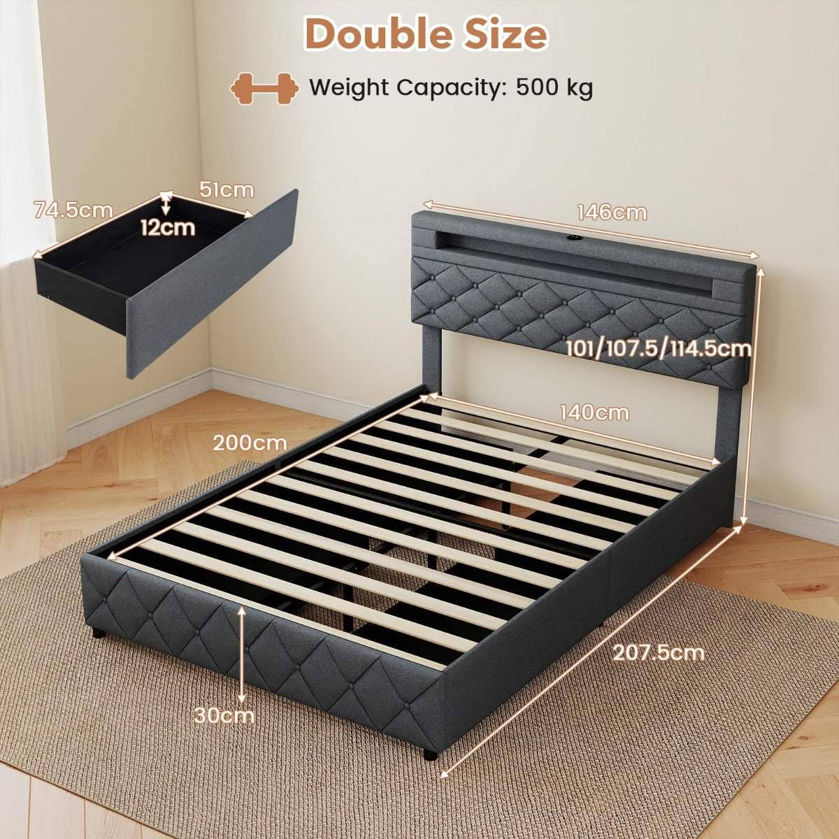 Livsk costway tweepersoonsbedframe met ledverlichting en usb aansluitingen modern platformbed met lades en verstelbaar opbergvak in het hoofdeinde 1 1