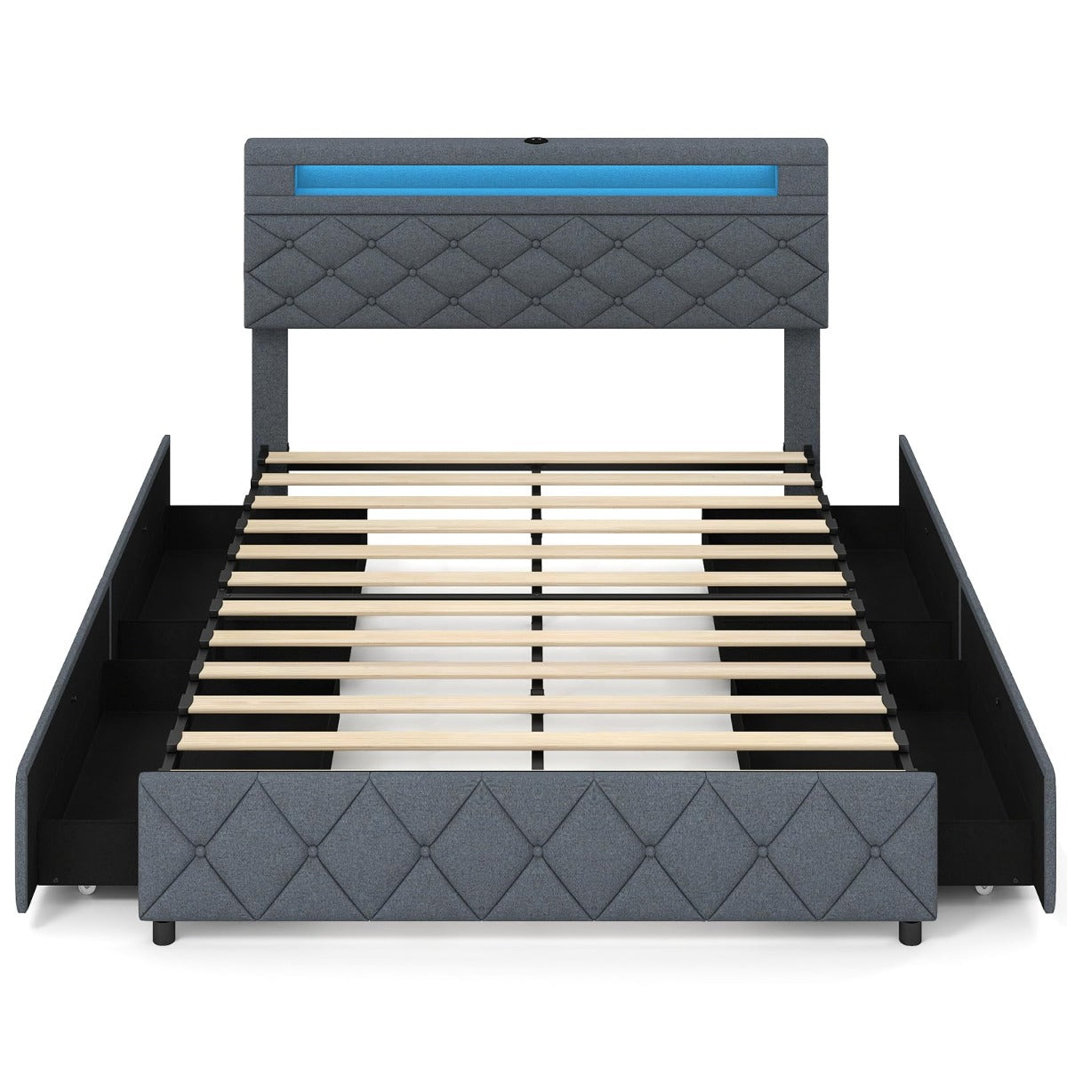 Livsk costway tweepersoonsbedframe met ledverlichting en usb aansluitingen modern platformbed met lades en verstelbaar opbergvak in het hoofdeinde