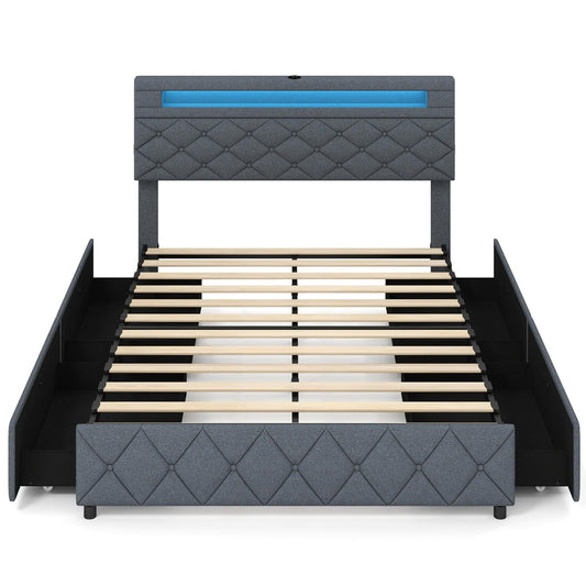 Livsk costway tweepersoonsbedframe met ledverlichting en usb aansluitingen modern platformbed met lades en verstelbaar opbergvak in het hoofdeinde