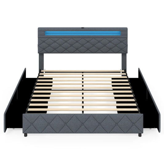 Livsk costway tweepersoonsbedframe met ledverlichting en usb aansluitingen modern platformbed met lades en verstelbaar opbergvak in het hoofdeinde 160 x 200
