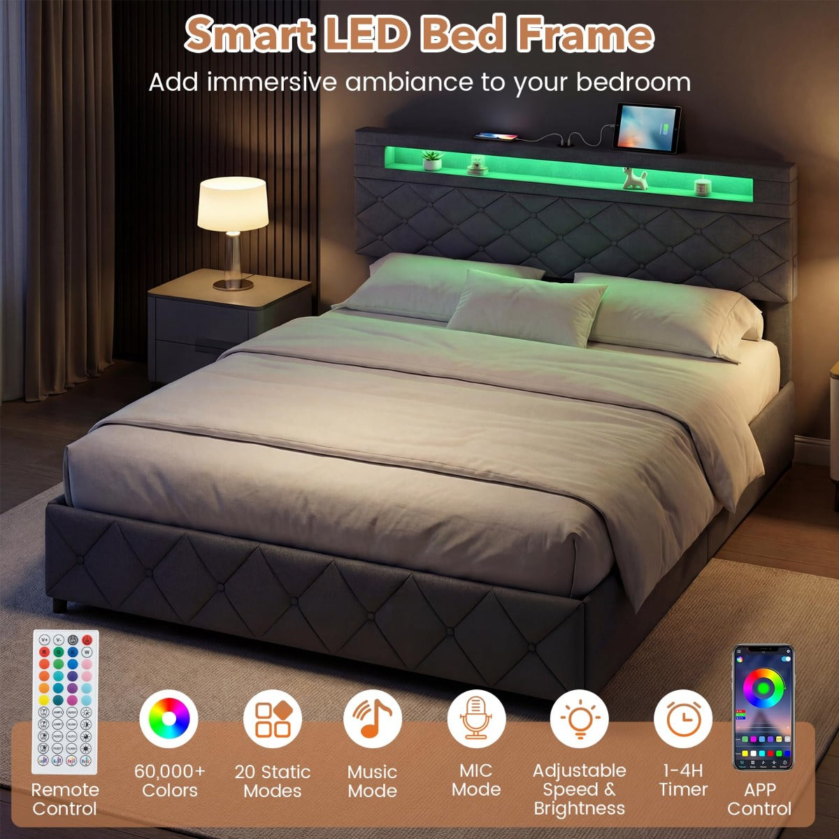 Livsk costway tweepersoonsbedframe met ledverlichting en usb aansluitingen modern platformbed met lades en verstelbaar opbergvak in het hoofdeinde 160 x 200 2